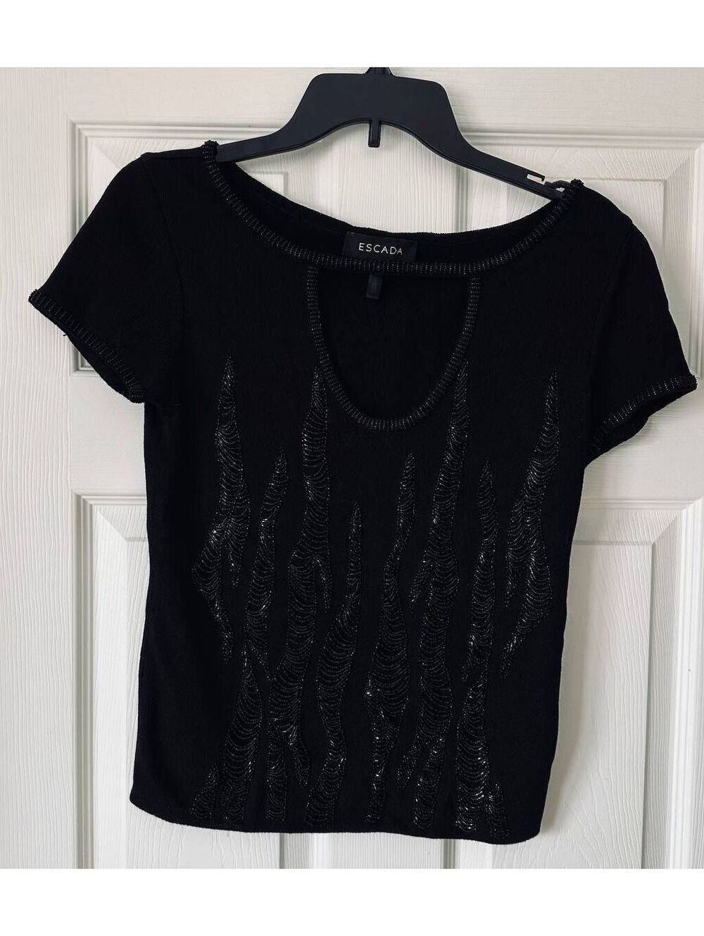 ESCADA Women 38 Black Beaded Knit Top Rayon Virgin Wool Evening Blouse